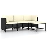 vidaXL Gartenmöbel 4-TLG. mit Auflagen Lounge Sofa Sitzgruppe Mittelsofa Ecksofa Fußhocker Sitzgarnitur Gartenset Gartensofa Schwarz Poly Rattan