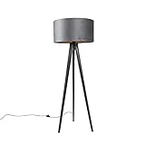 Qazqa - Modern Stehlampe Stativ schwarz mit Schirm grau 50 cm - Tripod I Dreifuß Lampe I Dreifuss Classic I Wohnzimmer I Schlafzimmer - Holz Rund - LED geeignet E27