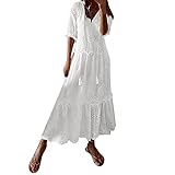 FeiliandaJJ Damen Sommerkleid Kurzarm V Ausschnitt Floral Spitze Quasten Kleider Elegant Kleid Strandkleid Teenager Mädchen Festlich Freizeitkleider Partykleid