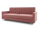 Schlafsofa Sara - Sofa mit Schlaffunktion und Bettkasten, Bettsofa mit Wellenfeder, Schlafcouch mit Holzfüße, Couch vom Hersteller, Couchgarnitur, Velours (Pink (Kronos 29))