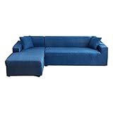 2 Stück Karierte Sofabezüge für L-förmige Sofas,Stretch-Sofabezug,weicher Sofabezug,Rutschfester Sofabezug mit 2 kostenlosen Kissenbezügen(3-Sitzer + 4-Sitzer,Marineblau)