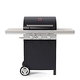 Barbecook Spring 3002 50 MB Gasgrill-wagen 3 brenner mit 2 feste Beistelltische, leistungsstark 12kW, schwarz, 133 x 57 x 115 cm