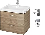 VBChome Waschbecken mit Unterschrank 50 cm mit Armatur und Pop Up Ventil Badmöbel Nussbaum Waschtischunterschrank 2 Schubladen Wasserhahn Click Clack