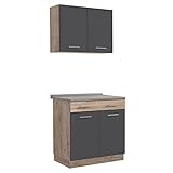 Homestyle4u 2361, Küche Küchenzeile Küchenblock Eiche Holz Grau Einbauküche Single Küchen Schränke 80 cm