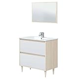 Miroytengo Verona Badezimmerschrank mit Beinen und Waschbecken aus Keramik, Weiß glänzend und Eiche, 80 x 45 x 80 cm