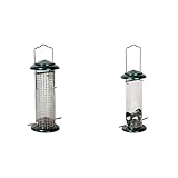 dobar® 11513 Kompakte Vogelfuttersäule mit Anflugstangen & ® 11516 Kompakte Vogelfuttersäule mit Anflugstangen - Wildvogelfutterspender für Sämereien - Vogelfutterstation Metall - Ø 9,5 x 23 cm - Grün