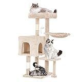 Katzenbaum, 96 cm, mehrstufiger Katzenbaum mit Sisal-Kratzbaum für Indoor-Katzen, Katzenturm mit Wohnung, Hängekorb, Sitzstange und Spielzeug, Katzenmöbel für Kätzchen, Beige