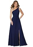 Damen One Shoulder Chiffon Brautjungfernkleider A Linie Plissee Ballkleider mit Taschen Lang Formelle Ballkleider