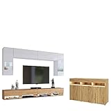 BROMARKT Premium Wohnwand Wohnzimmer Set 7 Teile – Wohnzimmer Schrank - Wohnzimmer Möbel mit Kommode und TV Schrank - Wohnzimmerschrank Komplett Möbel - Eiche Craft und Hochglanz Weiß