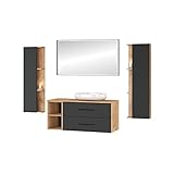 Planetmöbel Badmöbel Komplettset Badmöbel Komplettset 4-teilig 120cm mit Aufsatzwaschbecken und 2X Seitenschrank, in den Farben Gold Eiche/Anthrazit