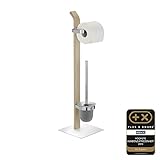 WENKO Stand WC-Garnitur Samona Nature - Toilettenpapierhalter und WC-Bürstenhalter aus Holz mit Chrom-Akzenten, inklusive WC-Bürste und GRATIS 2er Schwämme Set in Rot/Weiß