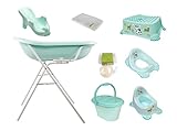 9er Set Premium Funny Farm aquamarin Badewanne XXL 100 cm + Badewannenständer + Badesitz + Topf + WC Aufsatz + Hocker + Windeleimer + Ablaufschlauch + Waschhandschuh