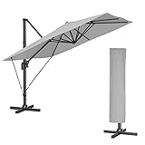 SONGMICS Sonnenschirm 290 x 290 cm, Ampelschirm, Gartenschirm, UV-Schutz UPF 50+, um 360° drehbar, Neigungswinkel verstellbar, mit Ständer, Befestigungsgurten und Abdeckung, hellgrau GPU039G02