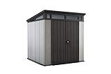 Keter Artisan 7x7 Gerätehaus – Wetterfestes Gartenhaus mit Boden, Pultdach, Doppeltüren & Fenster, Ideal für Outdoor-Aufbewahrung, 214x218x226cm, 8,3 m³, grau