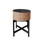 Rustikaler Beistelltisch Runder Beistelltisch aus Massivholz mit Rattan-Aufbewahrungskorb, rustikaler Beistelltisch, Sofa-Beistelltisch, kleiner runder Nachttisch, kleiner Couchtisch for Wohnzimmer un