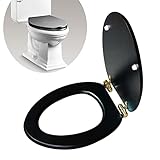 OURECO Schwarzer Toilettensitz Länglich,Holz-Toilettensitz Länglich,Universal-Toilettensitz Einfach Und Stilvoll,V-Typ,Edelstahlscharnier-Silber/Gold,Leicht Zu Pflegen Und Zu Reinigen/Golden Hinge