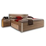 Stella Trading MARS Stilvolle Doppelbett Bettanlage 180 x 200 cm mit 2x Nachtkommoden - Schlafzimmer Komplett-Set in Eiche Sonoma Optik, weiß - 216 x 97 x 185 cm (B/H/T)