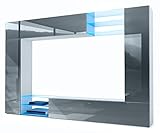 Vladon Wohnwand Mirage, Anbauwand mit Rückwand mit 2 Türen, 2 Klappen und 6 offenen Glasablagen, Weiß matt/Grau Hochglanz, inkl. LED-Beleuchtung (262 x 183 x 39 cm)