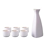 OUSIKA Sake-Set, japanisches Sake-Topf-Set, traditioneller Sake-Becher, handbemaltes Design, Porzellan, Keramik, Keramik, Kunsthandwerk, Weingläser, Saki-Becher, 7-teilig, weiß, rund, Weinschalen/schw