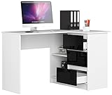 BDW Eckschreibtisch mit 3 Schubladen und 2 Regalen - Oberfläche Glanz - Schreibtisch für Jugendzimmer Büros und Ateliers - Gaming Tisch - 124x85x77 cm - Weiß/Schwarz Rechts