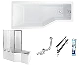 ECOLAM Duschbadewanne Set Badewanne + Badewannenabtrennung Duschwand Eckbadewanne Integra 150x75 cm LINKS Acryl weiß + Schürze Ablaufgarnitur Ab- und Überlauf Automatik Füße Silikon raumsparend