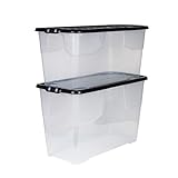 2 Stück Aufbewahrungsbox Curve mit Deckel aus transparentem Kunststoff. Nutzvolumen 100 und 80 Liter. Stapelbar, nestbar, einsehbar. Mit Deckel.