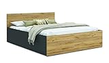 Schlafzimmer Bett mit Bettzeug Aufbewahrung – Möbelplatte – Hochgezogener Lattenrost – PANAMA – 120/140/160/180 x 200 – (Grau / Eiche Craft, 120 x 200)