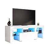 SONNI TV Schrank Weiss, TV Board Hochglanz, mit LED Beleuchtung(12 Farben können eingestellt Werden), mit Klapptür, mit Glasregal, Griffloses Design, 130 x 35 x 45 cm