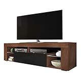 Selsey BIANKO – TV-Lowboard/TV-Schrank in Holz-Optik Nuss Caravaggio mit Klappe in Schwarz Hochglanz Stehend 140cm