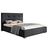 MOTIVENA Paul Polsterbett 140x200 mit Bettkasten, Bett mit Stauraum, mit Kopfteil, ohne Matratze, Bett 140x200 mit Lattenrost, Doppelbett, Ehebett, Jugendbett, Struktur-Stoff, Dunkelgrau