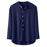 Herren Langarm Baumwolle Leinen Hemd Lose Strand Button Down Shirts Casual Button Up Shirt Solid Sommer Yoga Tops Shirt für Männer Arbeit UK, navy, 3XL