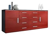 Vladon Sideboard Faro V2, Kommode mit 2 Türen und 4 Schubladen, Schwarz matt/Bordeaux Hochglanz (166 x 72 x 35 cm)