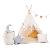 RAINBOW KIDS - Tipi Zelt für Kinder | Baumwollsegeltuch Tippi Kinderzelt, Mehrere Muster und Farben mit und ohne Spielzubehör für Outdoor- und Indoor-Kinderspaß (mit Zubehör, Beiger Wolf)