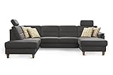 CAVADORE U-Form-Sofa Palera / Federkern-Wohnlandschaft mit Schlaffunktion, Stauraum und 2 Kopfstützen / 314 x 89 x 212 / Mikrofaser, Grau