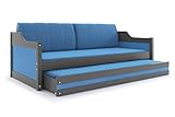 Doppelbett David, Kinderzimmer für Jungen, Rahmen des Bett in Kiefer massiv lackiert (grau), Frottee Matratzen gratis. 190x80 blau