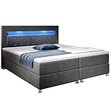 Supply24 since 2004 Designer Boxspring Bett Venedig mit Stoffbezug Strasssteine LED Beleuchtung Federkern Matratze inklusive Topper Luxus Polsterbett Stoffbett Boxspringbett (180 x 200 cm, Grau)