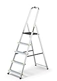 DRABEST Trittleiter Alu Leiter 5 Stufig Klappbar Stufenleiter mit Ablage Haushaltsleiter Belastbar bis 150 kg Stehleiter kostenloser Haken