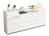 Stil.Zeit Sideboard Enzo - Korpus Weiss matt - Front Hochglanz Weiß (180x79x35cm) Push-to-Open Technik & Leichtlaufschienen