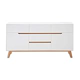 Sideboard Kommode Schrank Cervo matt weiß lackiert Absetzungen Asteiche Massivholz geölt Soft-Close 146 cm skandinavisch