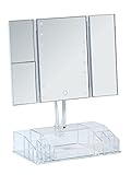 WENKO LED Standspiegel mit Organizer Fanano, Kosmetikspiegel mit LED-Beleuchtung und 3 Seiten, 100 % Spiegelfläche und 2-fach bzw. 3-fach Vergrößerung, schwenkbar, Touchfunktion, 34,5 x 39 x 16,5 cm