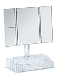 WENKO LED Standspiegel mit Organizer Fanano, Kosmetikspiegel mit LED-Beleuchtung und 3 Seiten, 100 % Spiegelfläche und 2-fach bzw. 3-fach Vergrößerung, schwenkbar, Touchfunktion, 34,5 x 39 x 16,5 cm