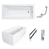 ECOLAM Badewanne Wanne Rechteck Modern Design Acryl weiß 170x70 cm + Schürze Ablaufgarnitur Ab- und Überlauf Automatik Füße Silikon Komplett-Set