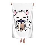 Fitness-Handtuch, niedliche Katze und Perlmilch, Geschirrtuch, vielseitig einsetzbar für Sport, Reisen, Strand, super saugfähig, Mikrofaser, weiches Qu, 130 cm x 80 cm
