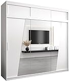 Kryspol Schwebetürenschrank Rhomb 250 cm mit Spiegel Kleiderschrank mit Kleiderstange und Einlegeboden Schlafzimmer- Wohnzimmerschrank Schiebetüren Modern Design (Weiß mit Erweiterung)