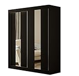 MargaretHome24 Kleiderschrank Lukas inklusive 2 Schiebetüren mit Spiegel Kleiderstange Garderobe Schrank (schwarz mit Spiegel, 120 cm)