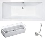 VBChome Badewanne 155x70 cm Acryl SET Wannenträger Siphon Wanne Rechteck Weiß Design Modern Styroporträger Ablaufgarnitur in Chrom Viega Simplex für 2 Personen (155x70cm)