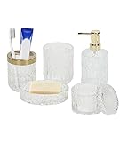 5 Stück Glas Badezimmer Zubehör Set, Weiß Moderne Transparente Badset Enthalten Seifenspender, Zahnbürstenhalter, Seifenschale, Glasbecher, Behälter für Wattestäbchen