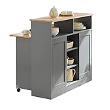 SoBuy FSB36-HG Sideboard mit Schiebetüren Kücheninsel mit erweiterbarer Arbeitsfläche Küchenschrank Highborad Kommode Schrank hellgrau BHT ca: 110x97x68cm