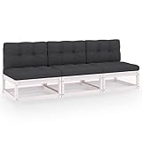 Homgoday Gartensofa 3-Sitzer mit Kissen Mittelsofa Modular Sofa Lounge Sitzgruppe Gartenset für Garten Terrasse Balkon Loungemöbel Garten Garnitur Kiefer Massivholz Weiß und Anthrazit