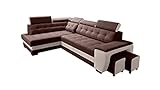 Robin Grand Ecksofa mit Schlaffunktion Bettkasten Kopfstützen Relaxfunktion 2 Hocker Sofa L-Form Schlafsofa Freistehende Eckcouch Schlafcouch Wohnzimmermöbel Wohnlandschaft Links Braun Creme